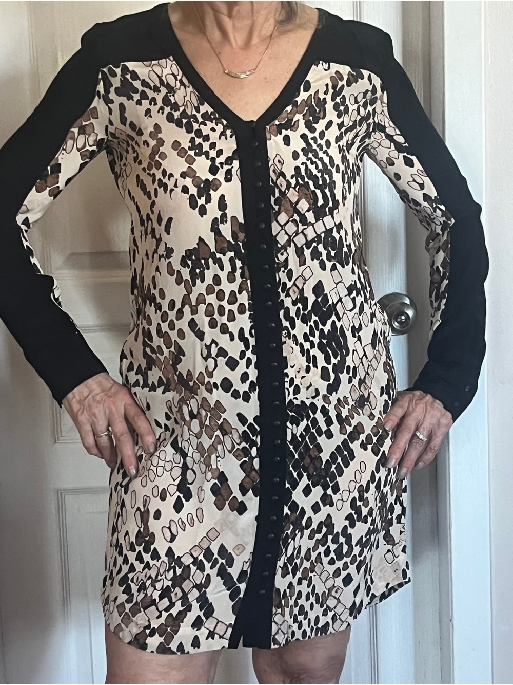 Club Monaco Black and Cream Printed Long Sleeve Dress